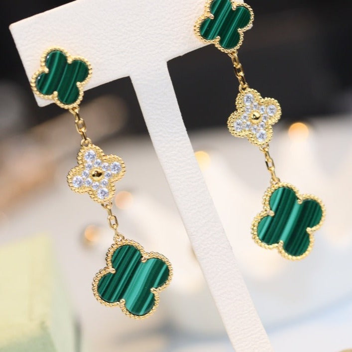 [Cyra] CLOVER-OHRRINGE GOLD MALACHIT DIAMANT 3 MOTIVE