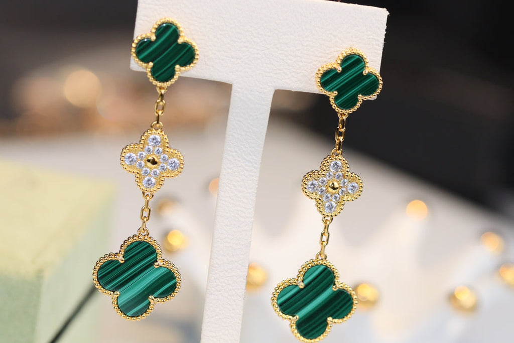 [Cyra] CLOVER-OHRRINGE GOLD MALACHIT DIAMANT 3 MOTIVE