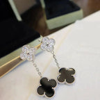 [Cyra]  CLOVER 2 MOTIFS  DIAMOND ONYX EARRINGS SILVER