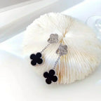 [Cyra]  CLOVER 2 MOTIFS  DIAMOND ONYX EARRINGS SILVER