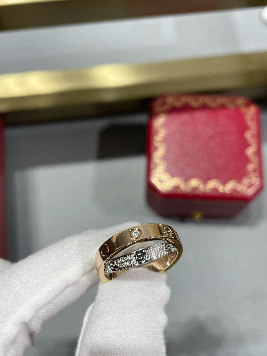 [Cyra]  LOVE PINK GOLD SILVER DIAMOND DOUBLE RING