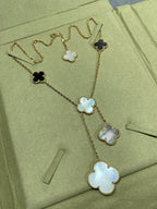 [Cyra]  CLOVER 6 MOTIF MOP ONYX GOLD NECKLACE