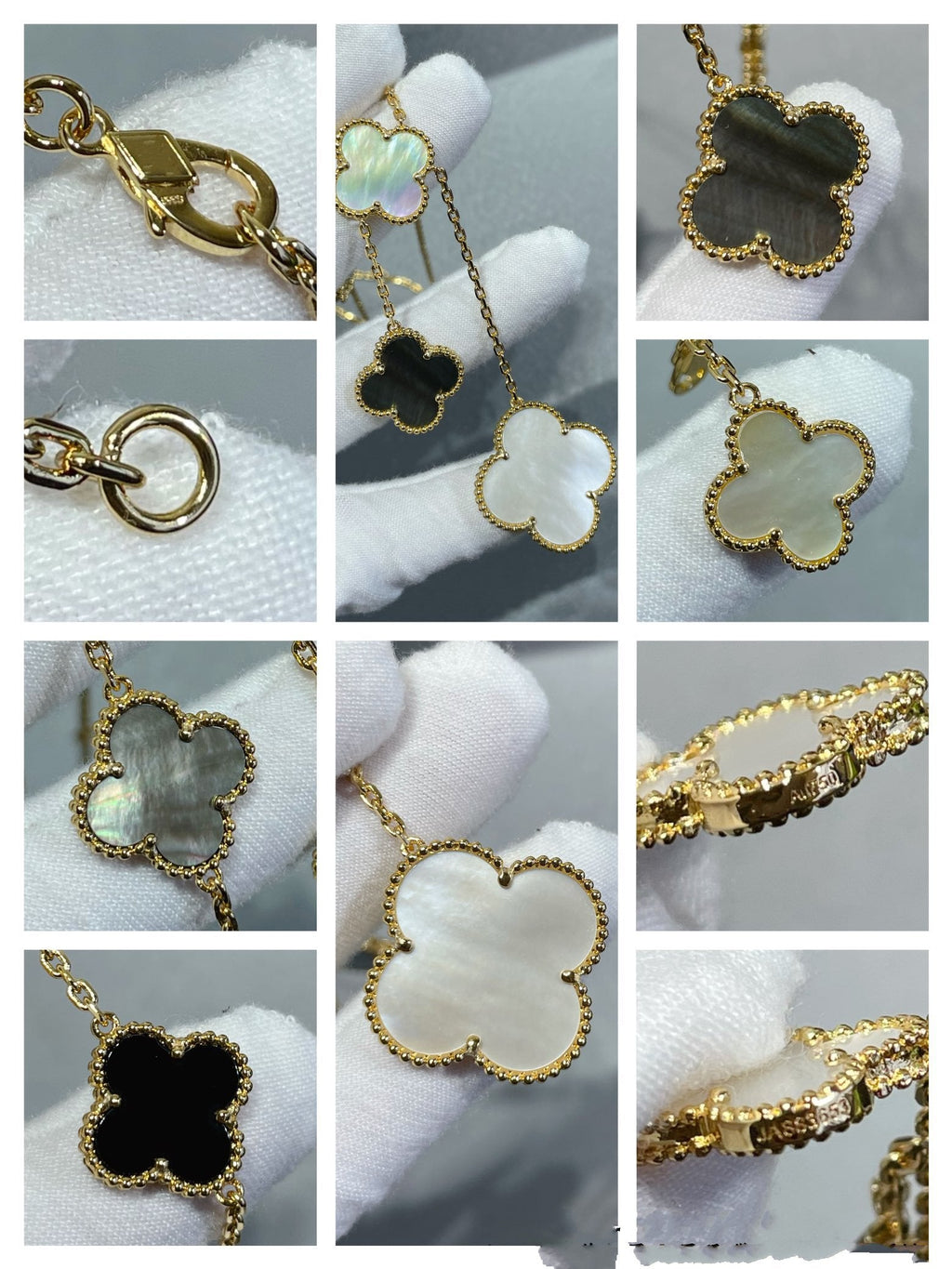 [Cyra]  CLOVER 6 MOTIF MOP ONYX GOLD NECKLACE