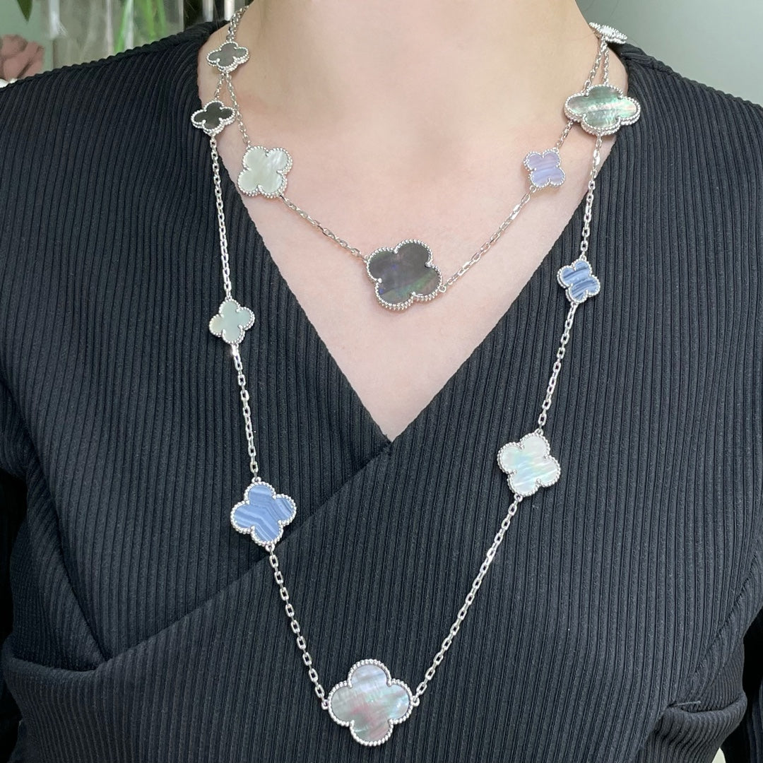 [Cyra]  CLOVER 16 MOTIF CHALCEDONY MOP SILVER NECKLACE