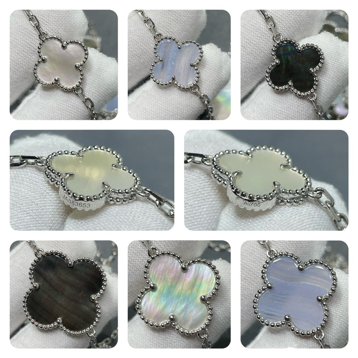 {
  "Cyra": "CLOVER 16 MOTIV HALSKETTE AUS CHALCEDON, PERLMUTT UND SILBER"
}