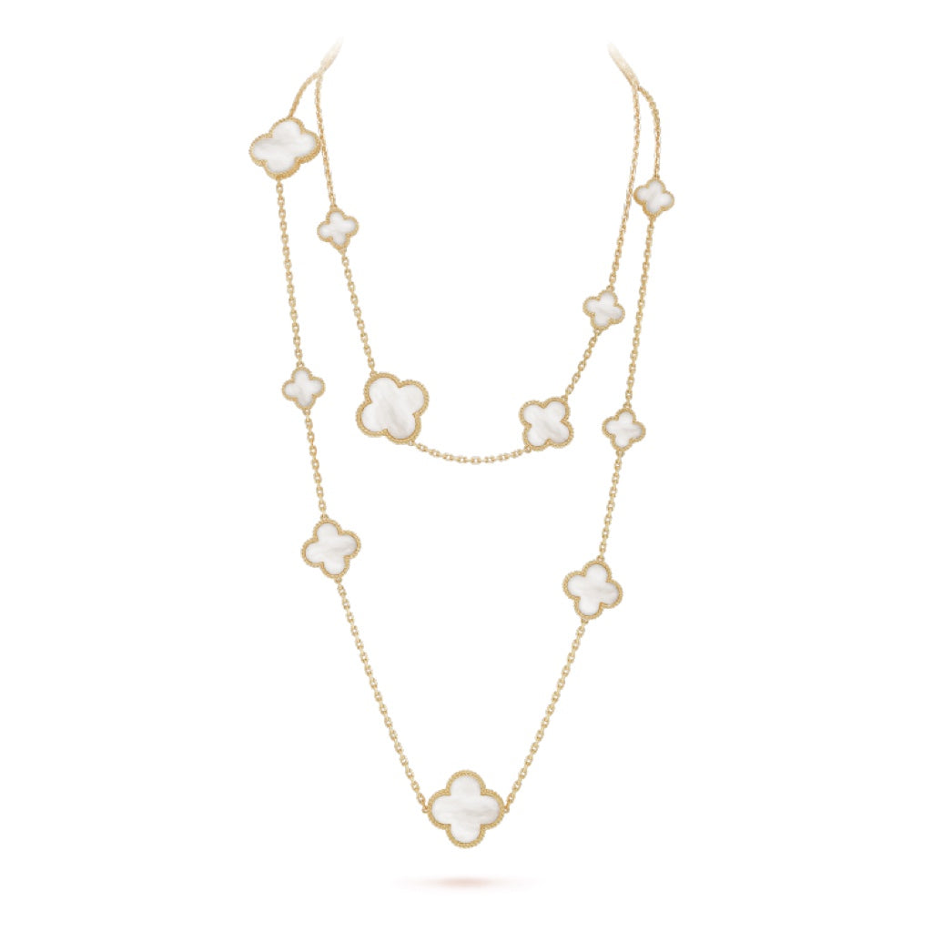 [Cyra]  CLOVER 16 MOTIF WHITE MOP GOLD NECKLACE