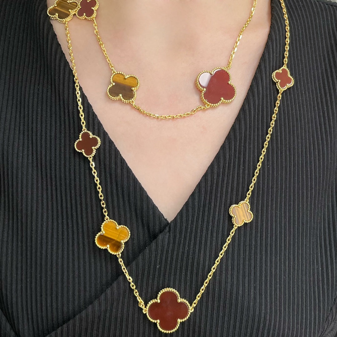 [Cyra]  CLOVER 16 MOTIF CARNELIAN TIGER EYE ROSE GOLD NECKLACE