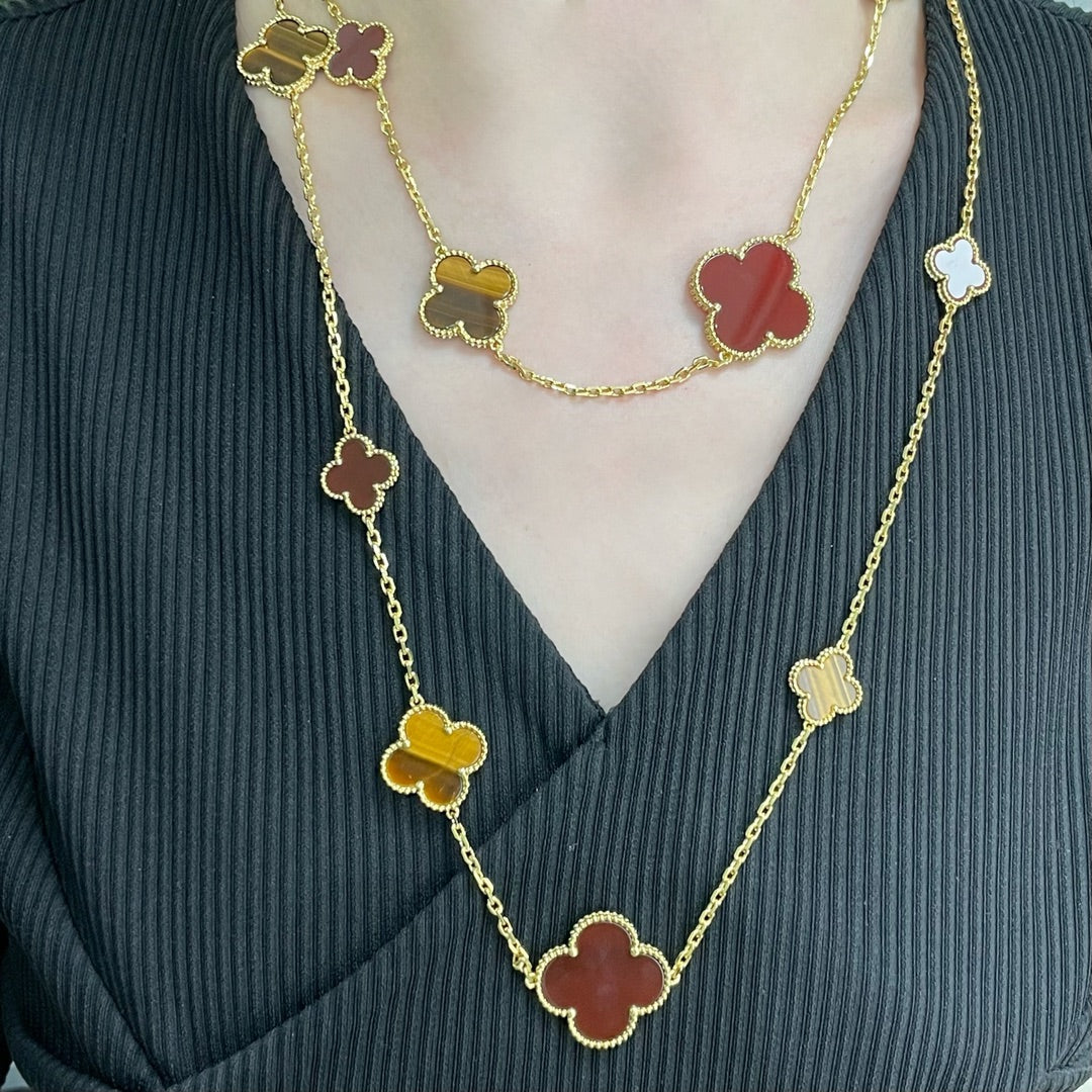 [Cyra]  CLOVER 16 MOTIF CARNELIAN TIGER EYE ROSE GOLD NECKLACE