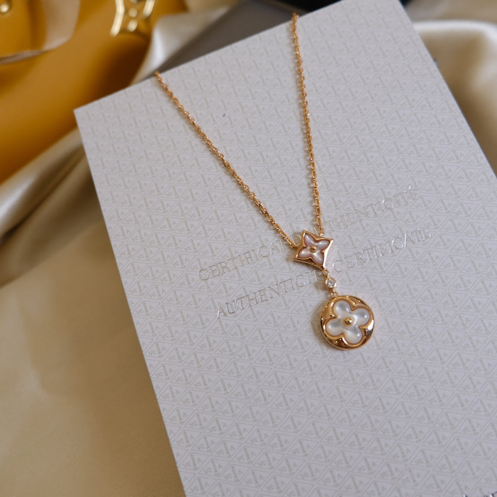 [Cyra]  STAR AND SUN WHITE MOP 2 MOTIF PINK GOLD NECKLACE