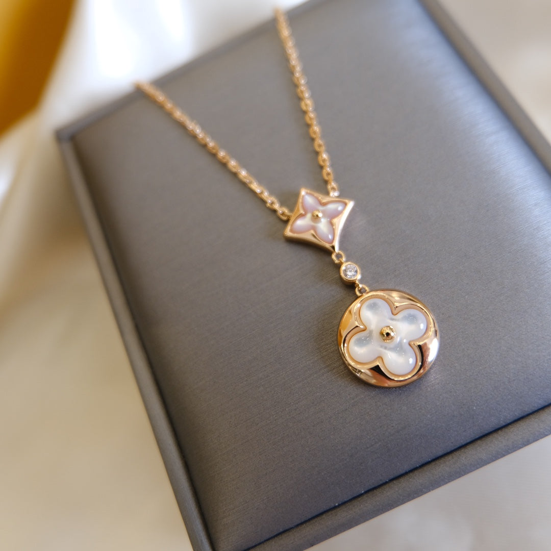 [Cyra]  STAR AND SUN WHITE MOP 2 MOTIF PINK GOLD NECKLACE