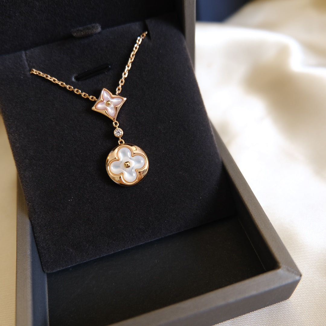 [Cyra]  STAR AND SUN WHITE MOP 2 MOTIF PINK GOLD NECKLACE