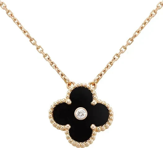 [Cyra]  CLOVER 15MM DIAMOND ONYX NECKLACE