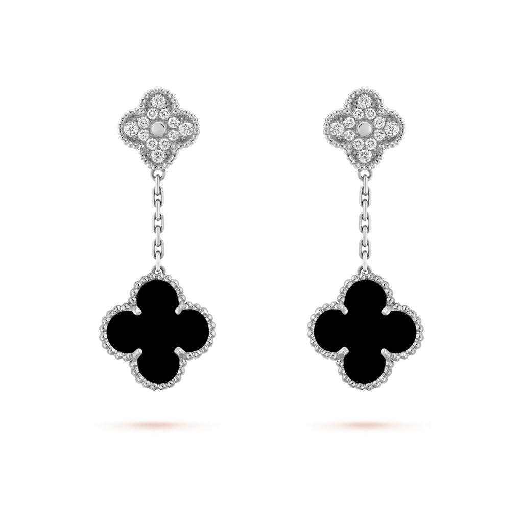 [Cyra]  CLOVER 2 MOTIFS  DIAMOND ONYX EARRINGS SILVER