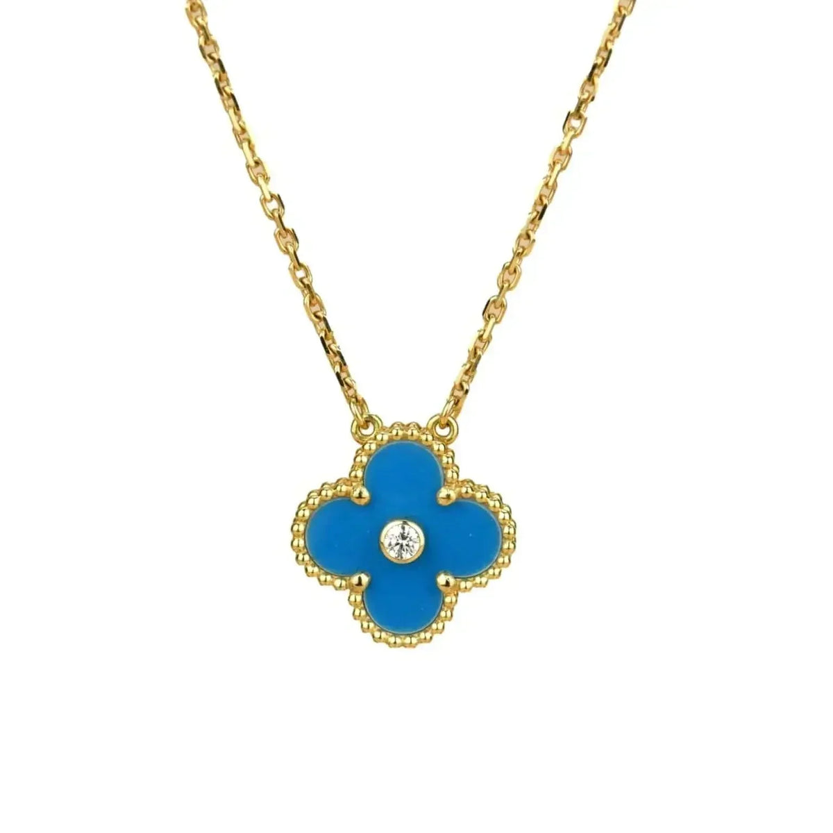 [Cyra] KLEEBLATT-HALSKETTE MIT 15 MM DIAMANT UND BLAUEM ACHAT