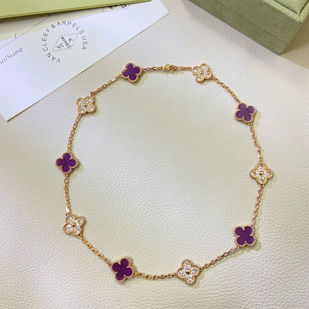 [Cyra]  CLOVER 10 MOTIFS  PURPLE VIOLET DIAMOND NECKLACE
