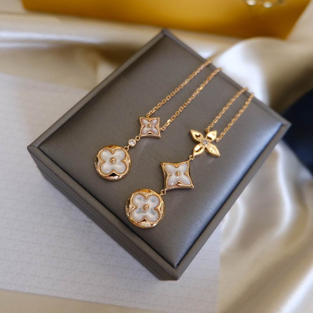 [Cyra]  COLOR BLOSSOM LARIAT NECKLACE PINK GOLD WHITE MOTHER PEARL AND DIAMOND