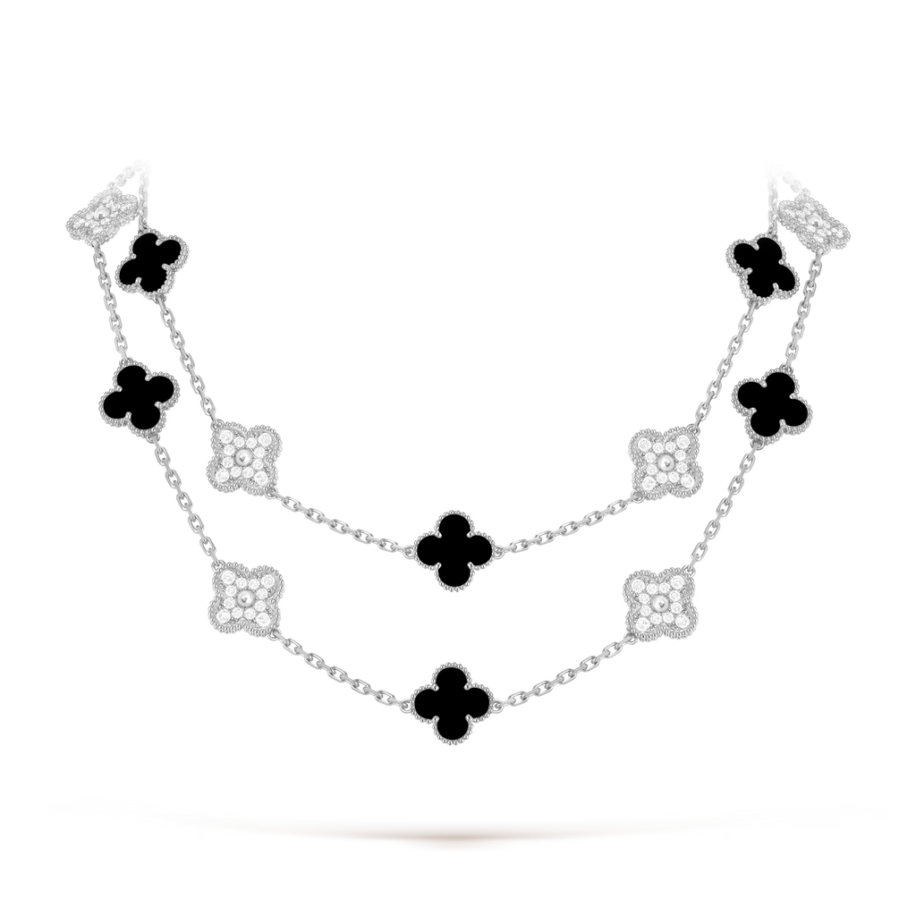 [Cyra] CLOVER 20 MOTIFS DIAMOND ONYX NECKLACE